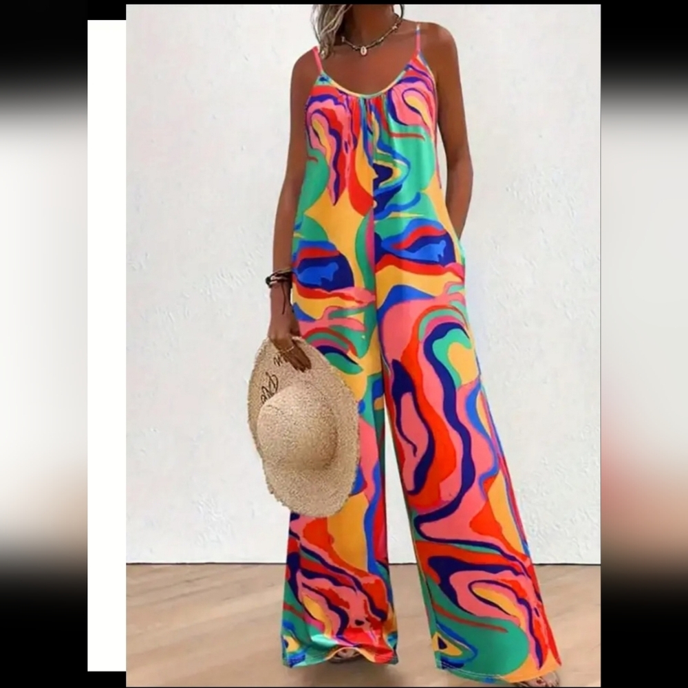 Colorful Abstract Women's Spaghetti LOOSE Jumpsuit With Pockets -2XL